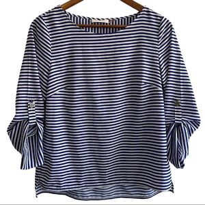 Calvin Klein Blue White Stripe Blouse Nautical Coastal Grandma Top Size Small